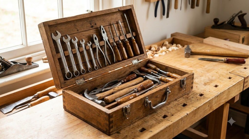 A collection of various old tools now cleaned and looking almost new neatly organized in a wooden toolbox on a clean wor