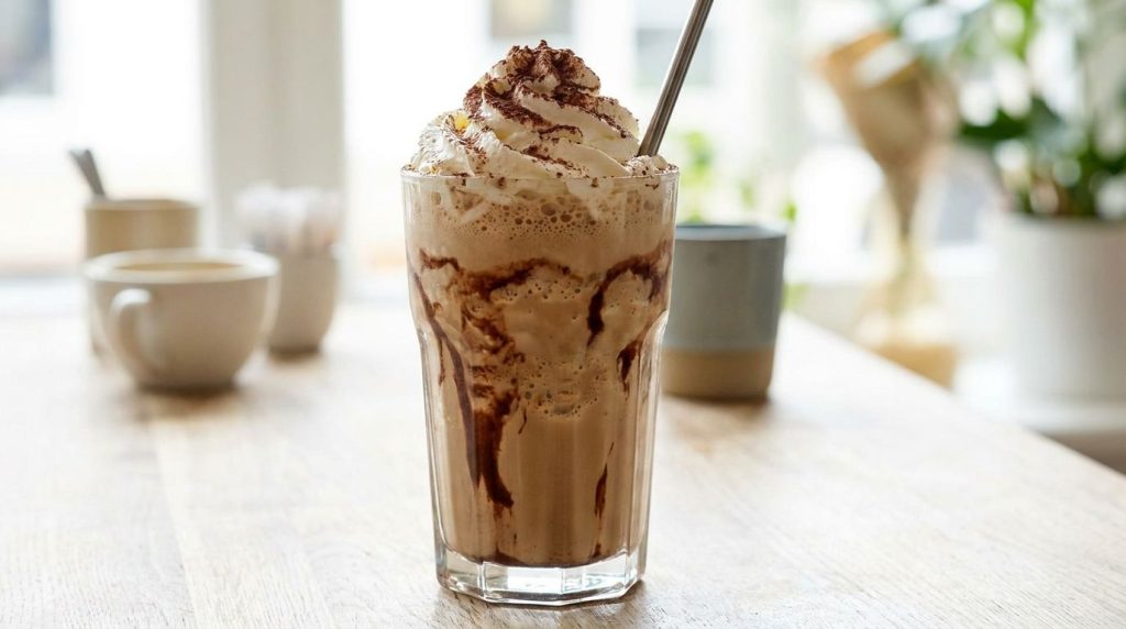 A tall glass of creamy coffee milkshake topped with whipped cream and a sprinkle of cocoa powder with a straw The milksh