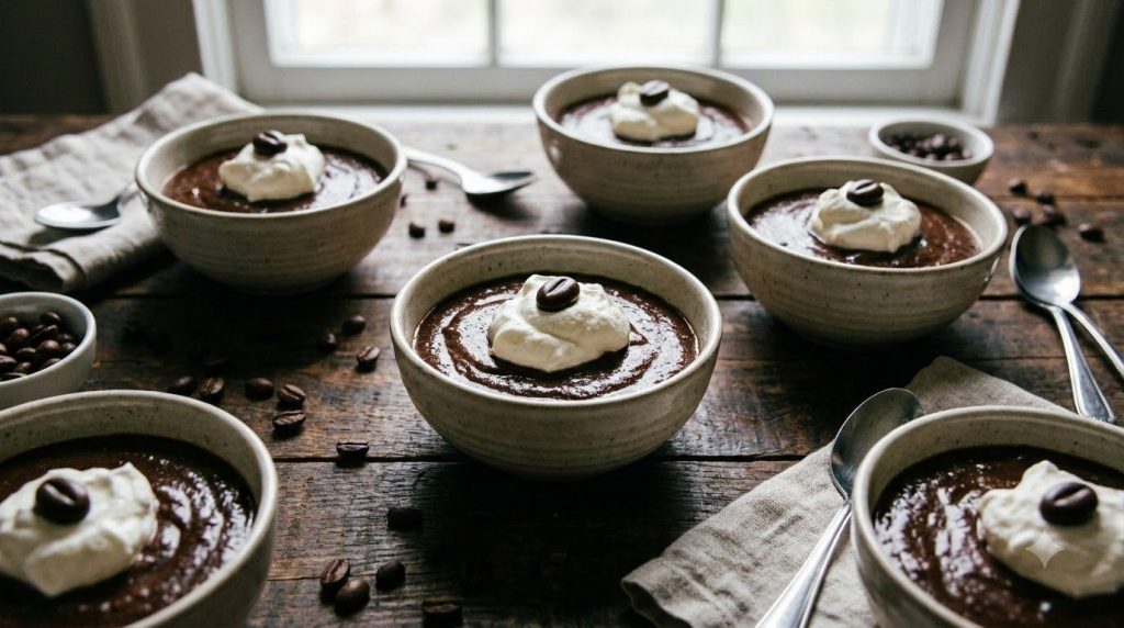 Individual serving bowls of rich dark coffee pudding garnished with a dollop of whipped cream and a chocolate-covered co