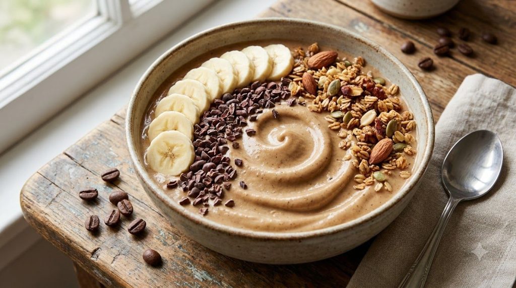 A vibrant coffee smoothie bowl topped with sliced banana granola and a sprinkle of cocoa nibs or coffee beans The smooth