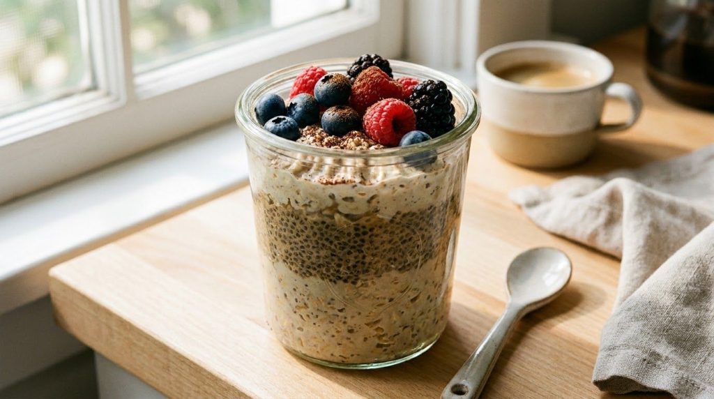 A jar of coffee overnight oats layered with creamy oats and possibly some chocolate or nuts topped with fresh berries or