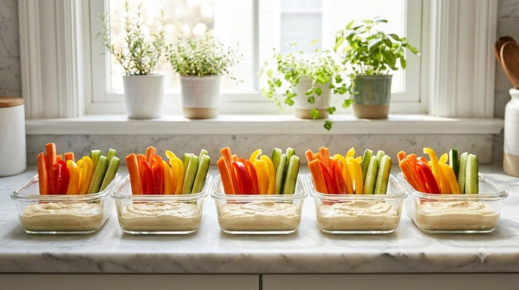 Small clear containers or jars with a layer of hummus at the bottom topped with colorful neatly arranged vegetable stick