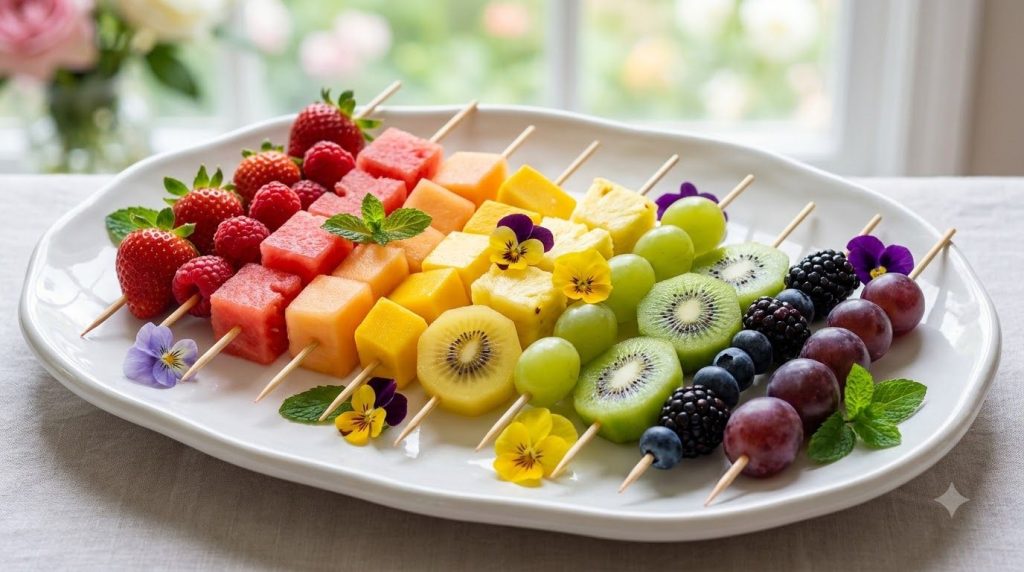 A platter of colorful fruit skewers each featuring a vibrant sequence of different fruits like strawberries orange segme