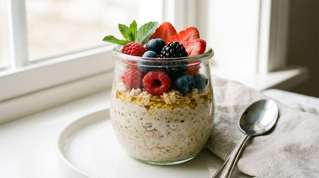 A glass jar filled with creamy overnight oats topped with fresh mixed berries like strawberries blueberries and raspberr