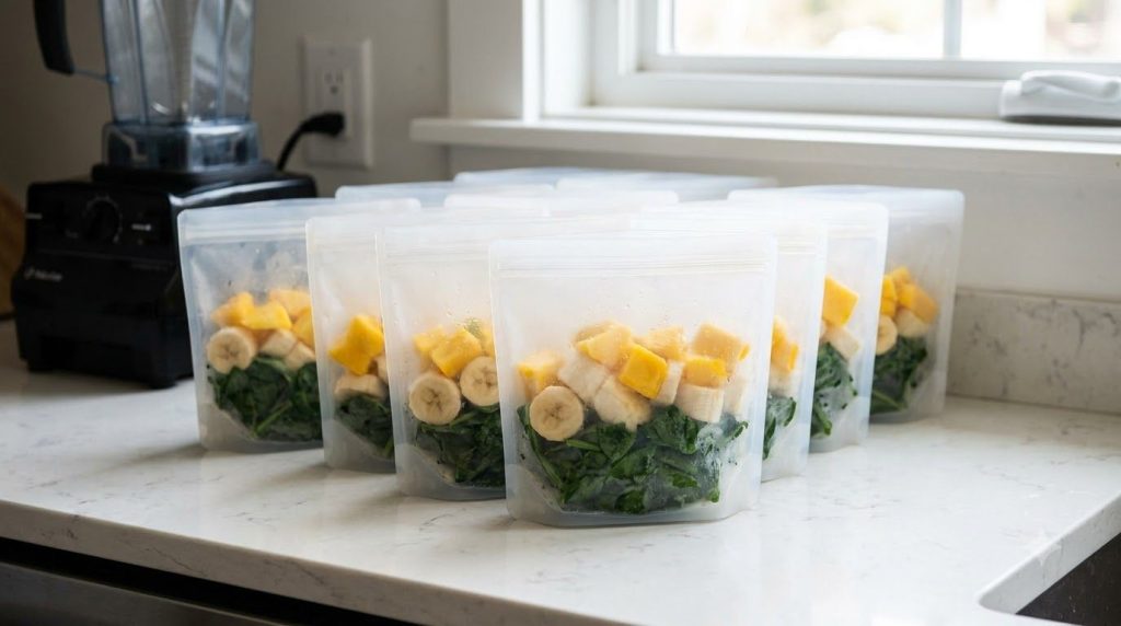 Several clear freezer bags filled with pre-portioned ingredients for green smoothies spinach banana slices frozen mango