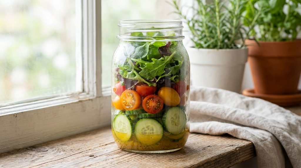 A clear glass jar filled with layers of a simple salad a light vinaigrette at the bottom followed by cherry tomatoes sli