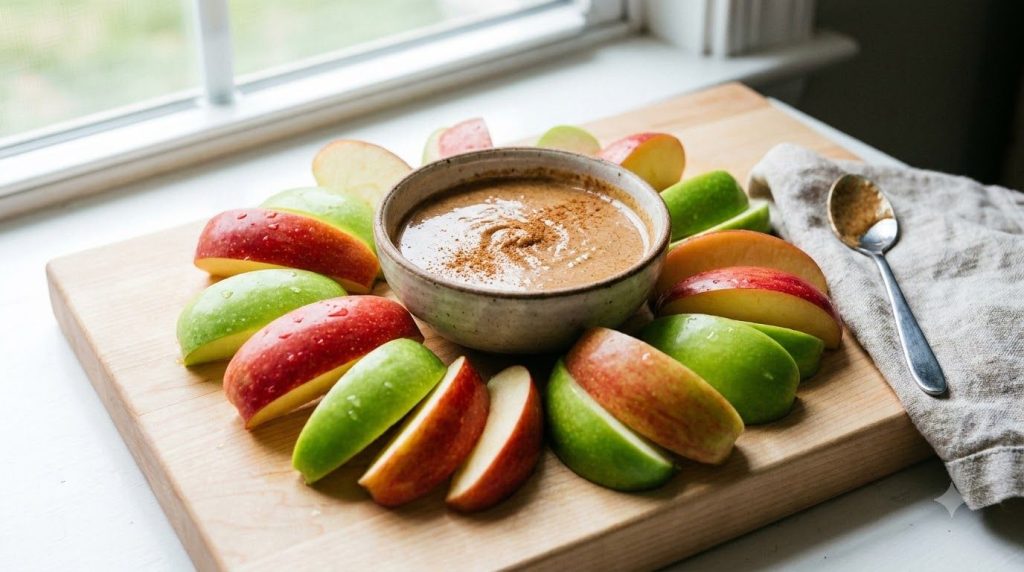 Crisp apple slices neatly arranged around a small bowl of creamy almond butter or peanut butter garnished with a sprinkl