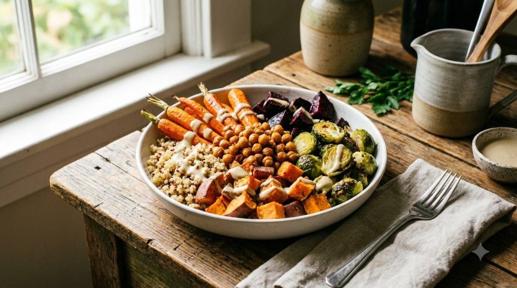 A vibrant healthy quinoa bowl with various vegetables and chickpeas suitable for an afternoon meal emphasizing energy an