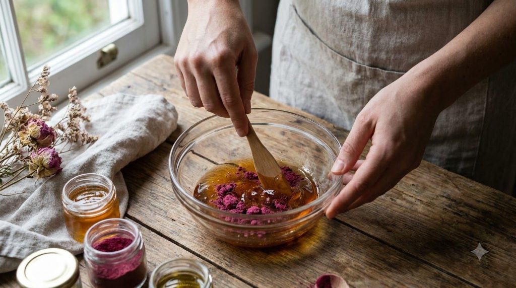 Hands mixing sweet almond oil honey and beetroot powder in a small glass bowl with a tiny spatula preparing a DIY lip tr