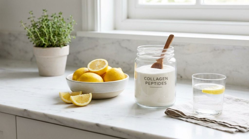 Ingredients for the collagen drink laid out collagen powder container fresh lemons a glass of water and a scoop All are 