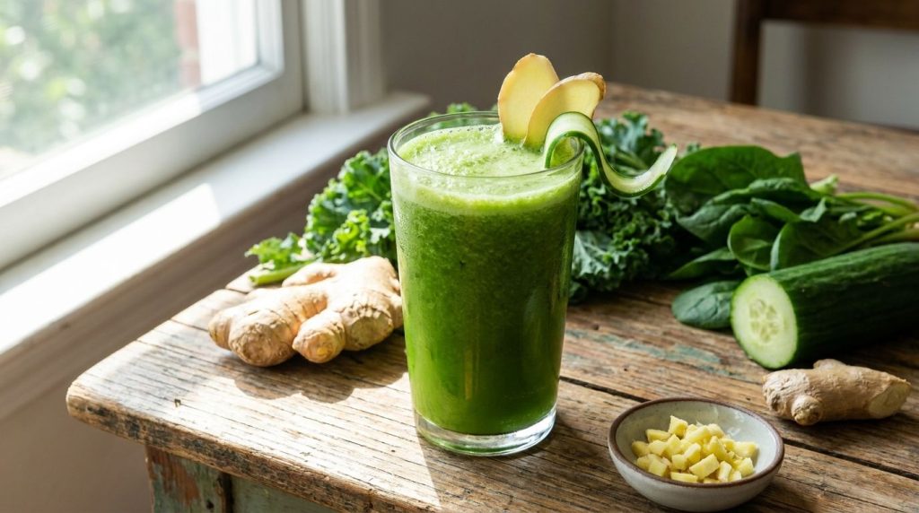 A glass of vibrant green juice with a hint of ginger garnished with a thin slice of ginger and a cucumber ribbon on a ru