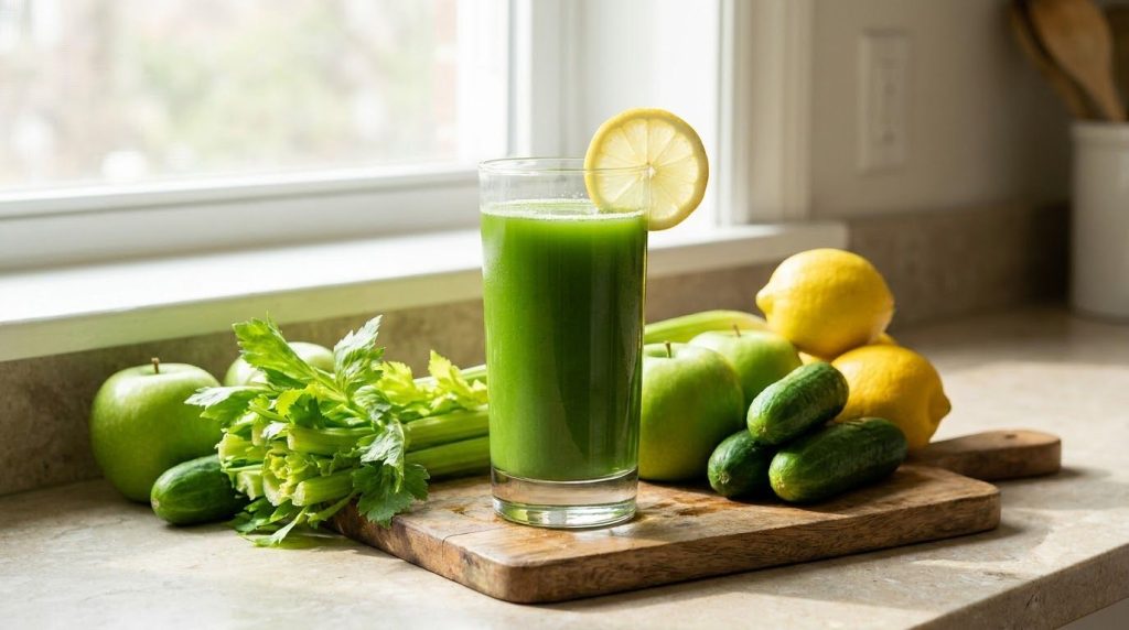 A clear glass of bright green juice with a slice of lemon on the rim next to fresh apples cucumbers celery stalks and le
