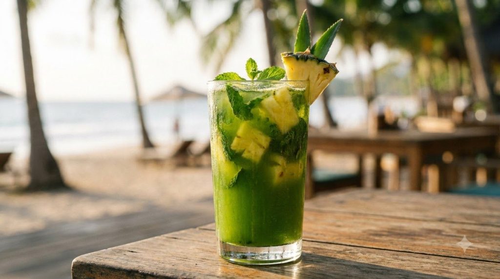 A tall glass of tropical green juice with pineapple chunks and fresh mint leaves garnished with a small pineapple wedge