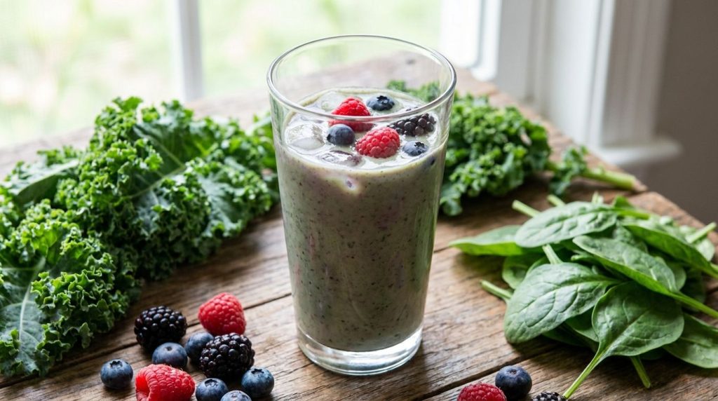 A glass of subtly purple-tinted green juice with a few fresh mixed berries floating on top set against a backdrop of gre