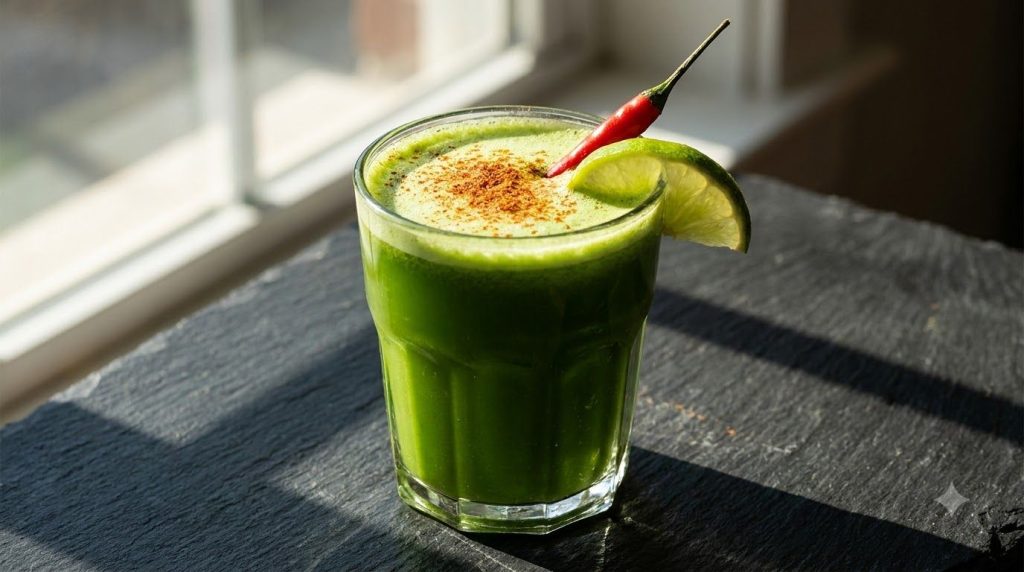 A glass of vibrant green juice with a sprinkle of cayenne pepper on top garnished with a thin red chili and a lime wedge