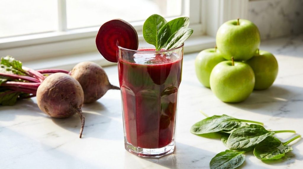 A tall glass of ruby-red juice with green undertones garnished with a beet slice and a few spinach leaves on a marble co