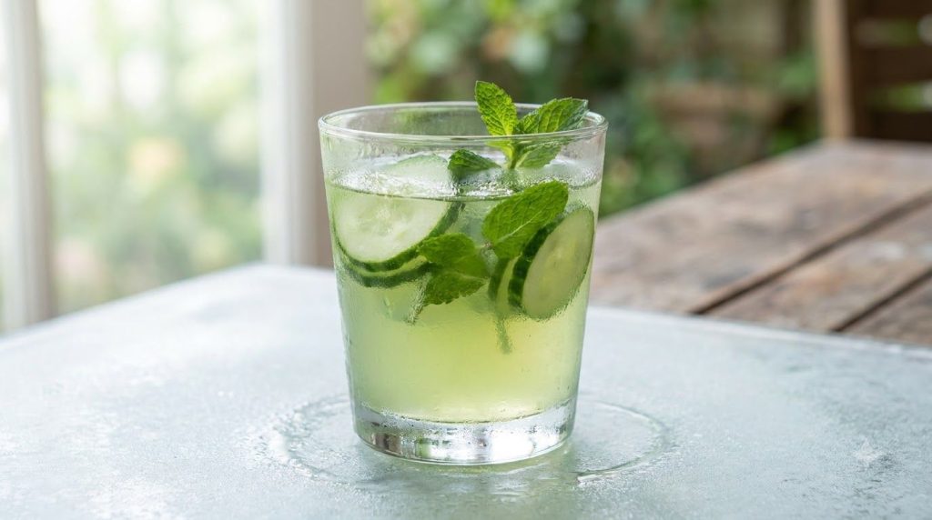 A clear glass of light green almost transparent juice with cucumber slices and fresh mint sprigs on a frosted surface ev