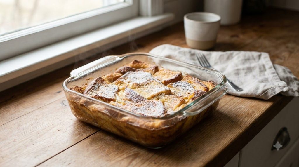 A simple golden brown vanilla bread pudding in a square air fryer-safe dish dusted lightly with powdered sugar The textu
