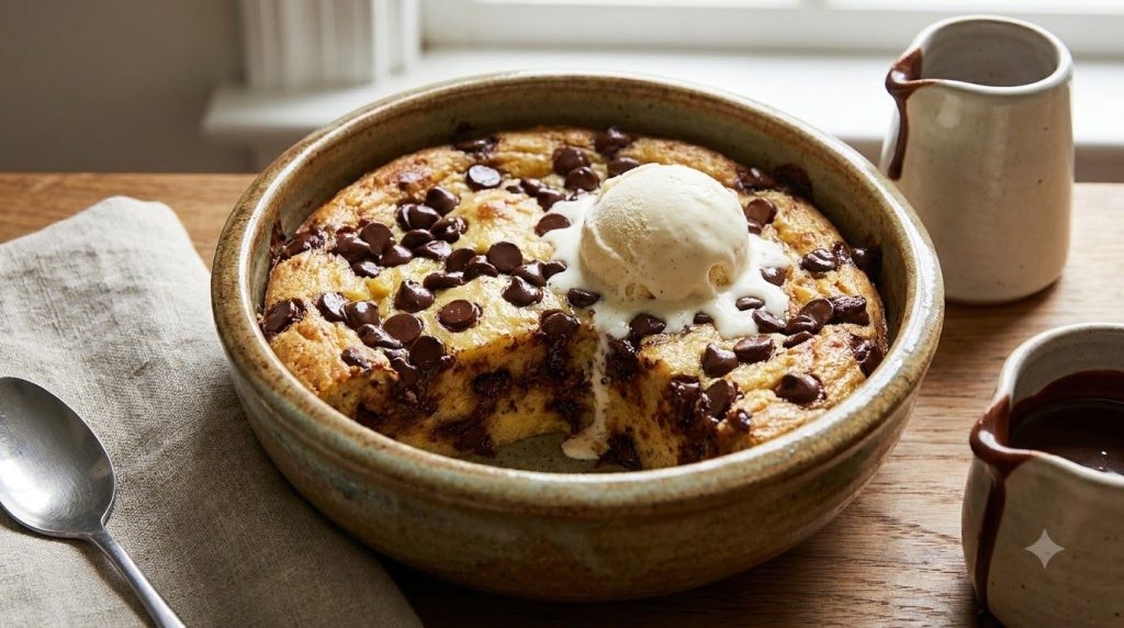 A rich gooey chocolate chip bread pudding in a round air fryer-safe bowl with melted chocolate chips visible throughout