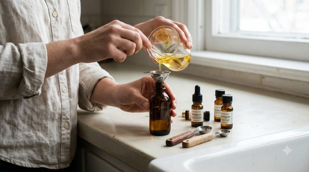 A close-up of hands pouring various natural oils into a small dark glass dropper bottle with small measuring spoons near
