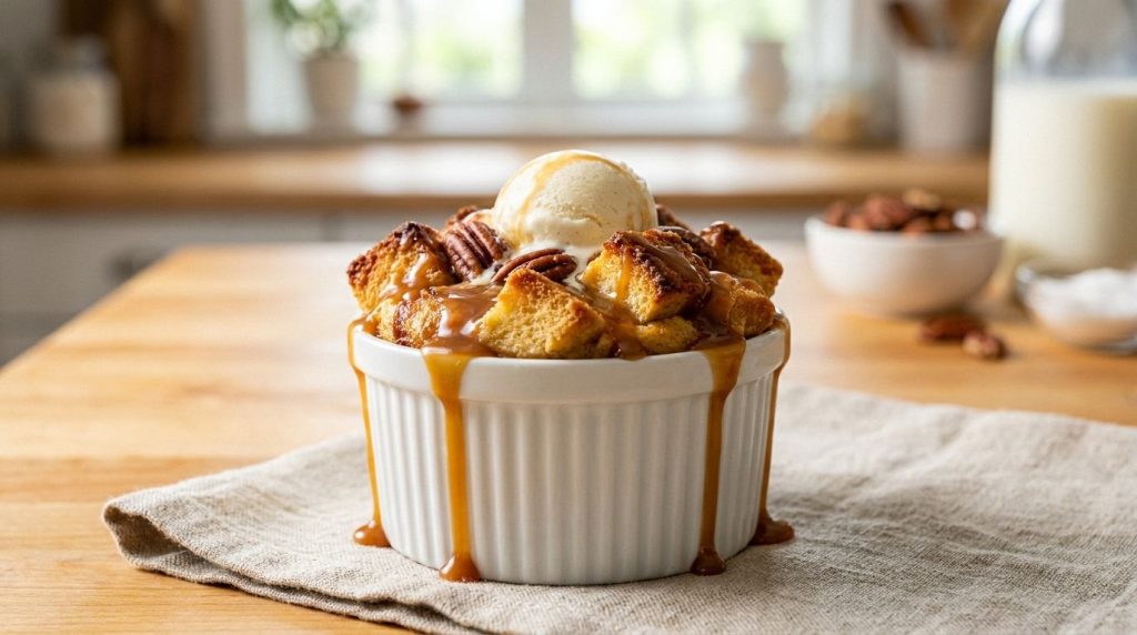 A serving of air fryer caramel bread pudding warm and golden brown in a small individual ramekin topped with extra caram