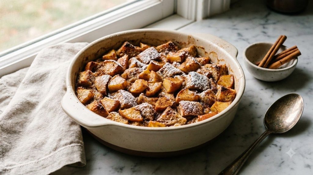 A warm cinnamon apple bread pudding in an air fryer-safe dish garnished with a sprinkle of cinnamon and perhaps a sliced