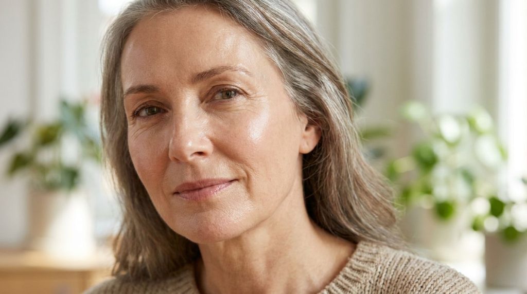 A serene close-up of a woman s face with beautifully hydrated and radiant skin showcasing the benefits of a natural oil 