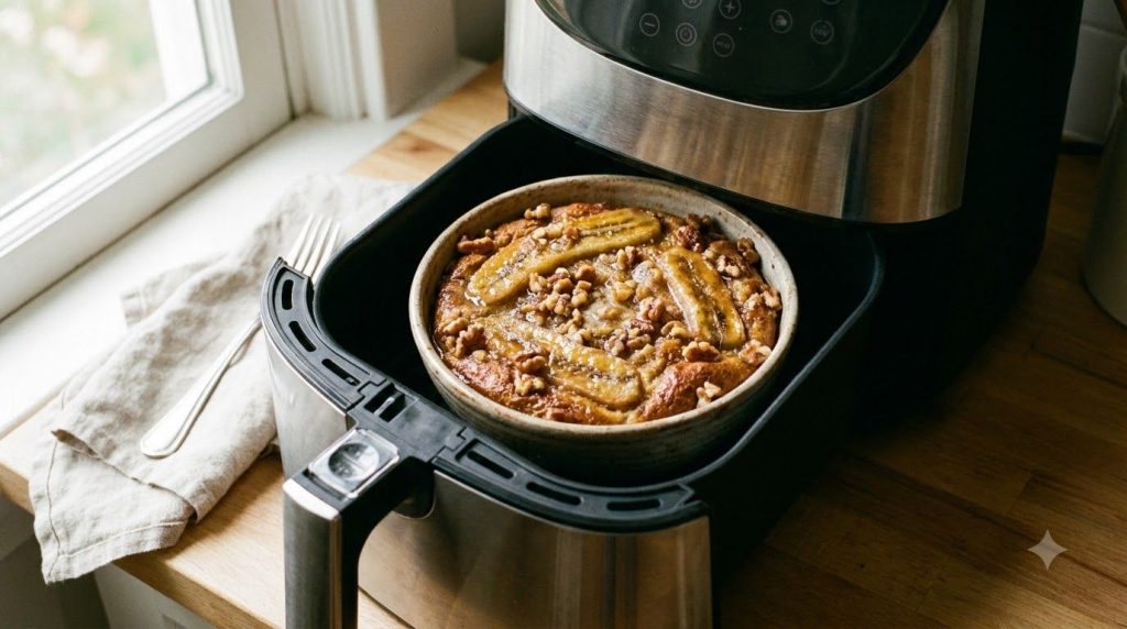 A warm banana nut bread pudding in a rustic air fryer-safe bowl with sliced bananas and chopped walnuts visible on top a