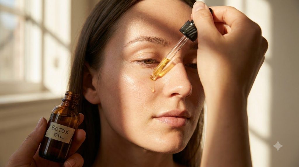 A hand applying a small amount of Botox Oil from a dropper bottle onto a clean face focused on the cheek or forehead The