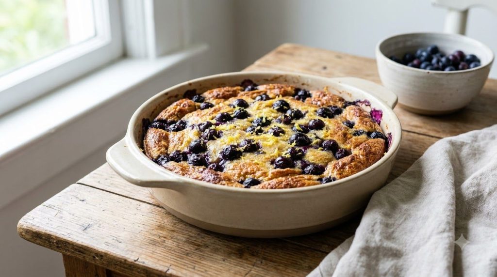 A bright and fresh blueberry lemon bread pudding in an air fryer-safe dish with juicy blueberries visible and a hint of