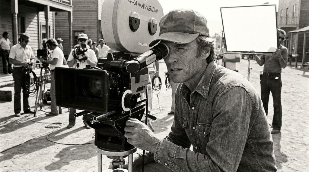 A real archival photo of Clint Eastwood directing a film on set looking focused through a camera lens or speaking to act