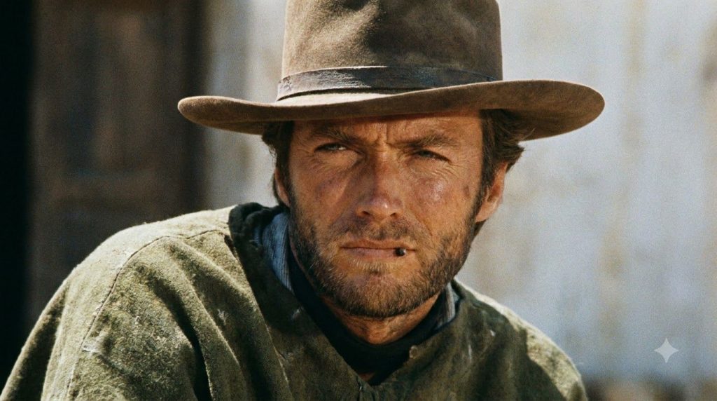 A real film still of Clint Eastwood as The Man with No Name in a spaghetti Western wearing a poncho and cowboy hat