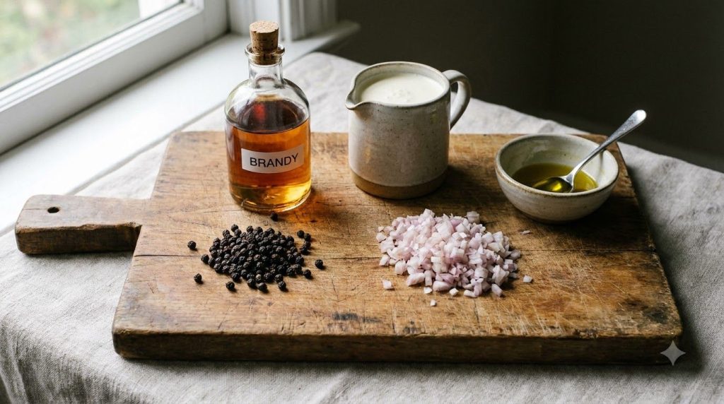 Ingredients laid out for a classic peppercorn sauce including whole peppercorns cream brandy and shallots