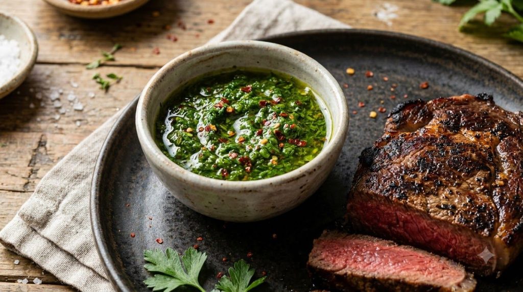 Vibrant green chimichurri sauce in a small bowl next to a grilled steak