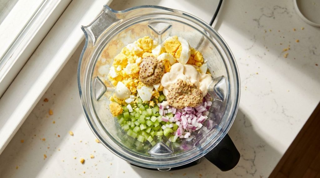 All ingredients for the egg spread including chopped eggs mayonnaise mustard and celery in a blender ready to be process