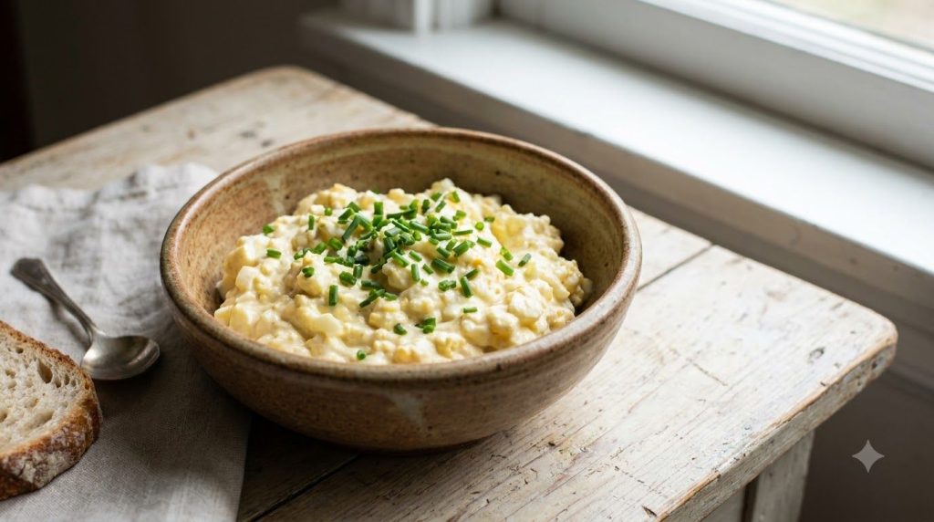 A close-up of the finished protein-packed hard-boiled egg spread in a bowl ready to be served