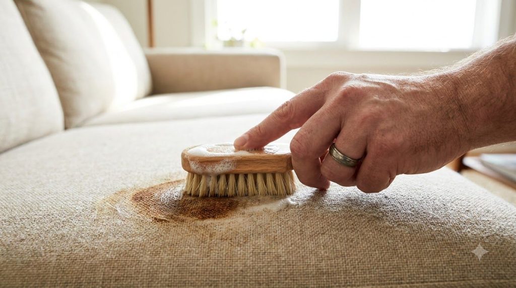A close-up of a hand gently scrubbing a dark stain on a beige fabric sofa cushion with a white cleaning mixture and a so