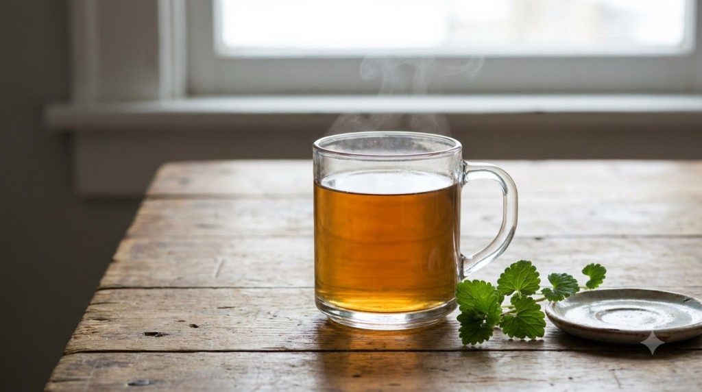 A clear glass mug filled with amber-colored Ground Ivy tea with steam gently rising placed on a wooden table