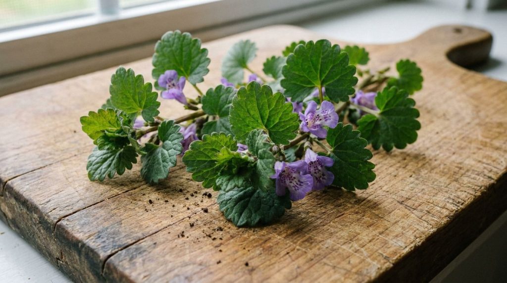A close-up of fresh Ground Ivy sprigs with purple flowers on a wooden cutting board ready for chopping