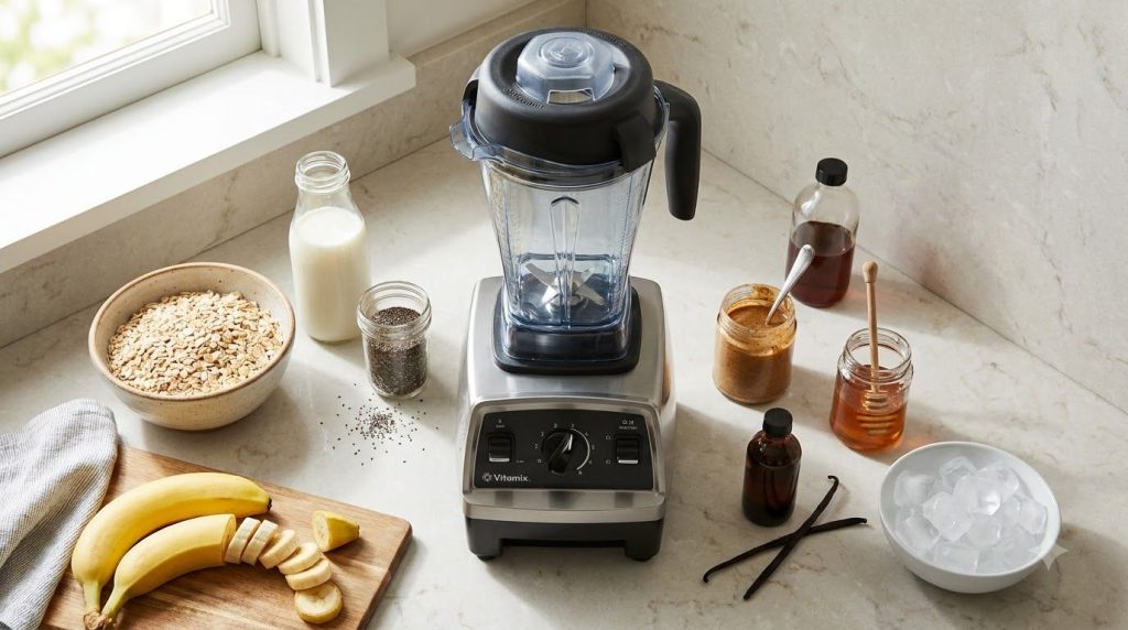 All smoothie ingredients laid out next to a blender