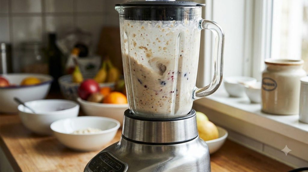 A blender filled with ingredients blending into a smoothie