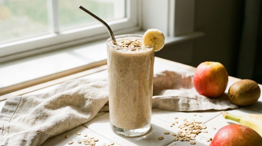 A freshly blended healthy oatmeal breakfast smoothie in a glass with a straw