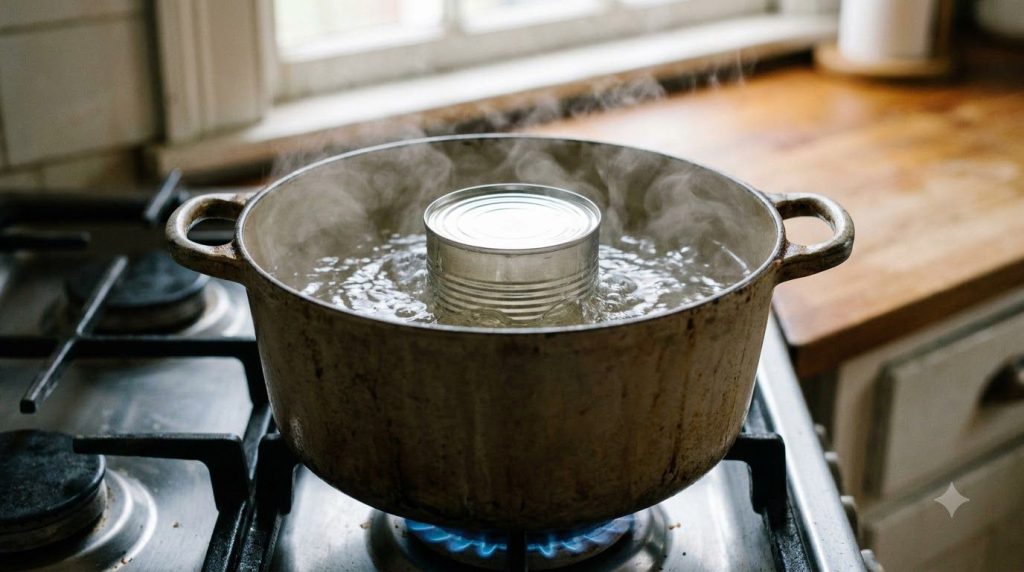 A large pot with a can of condensed milk submerged in boiling water on a stove top