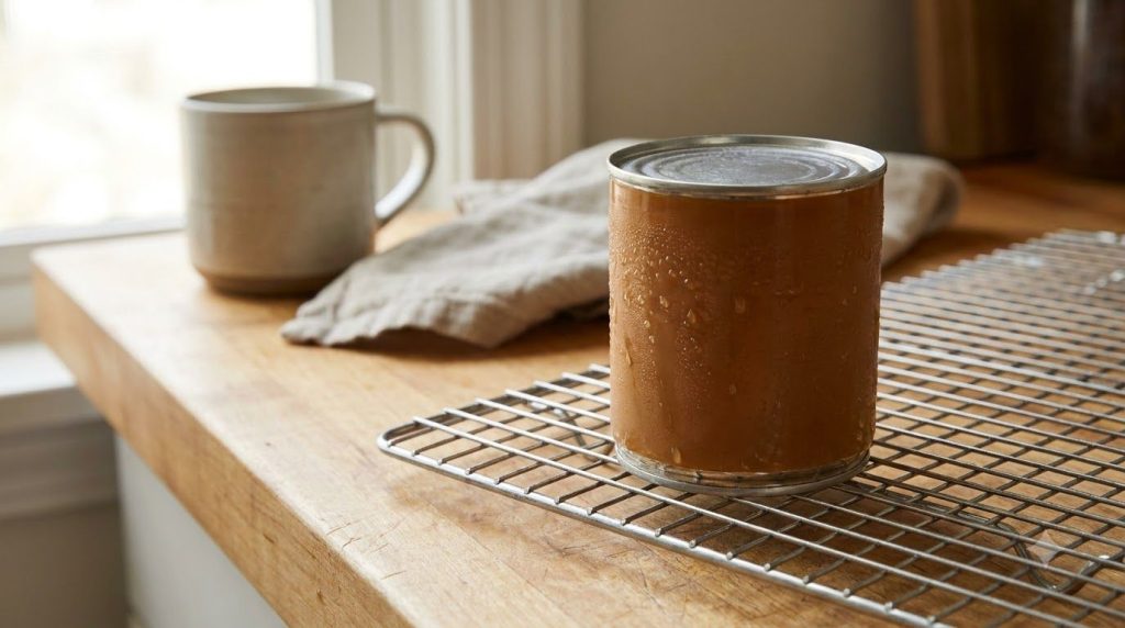 A cooled can of water bath condensed milk sitting on a wire rack