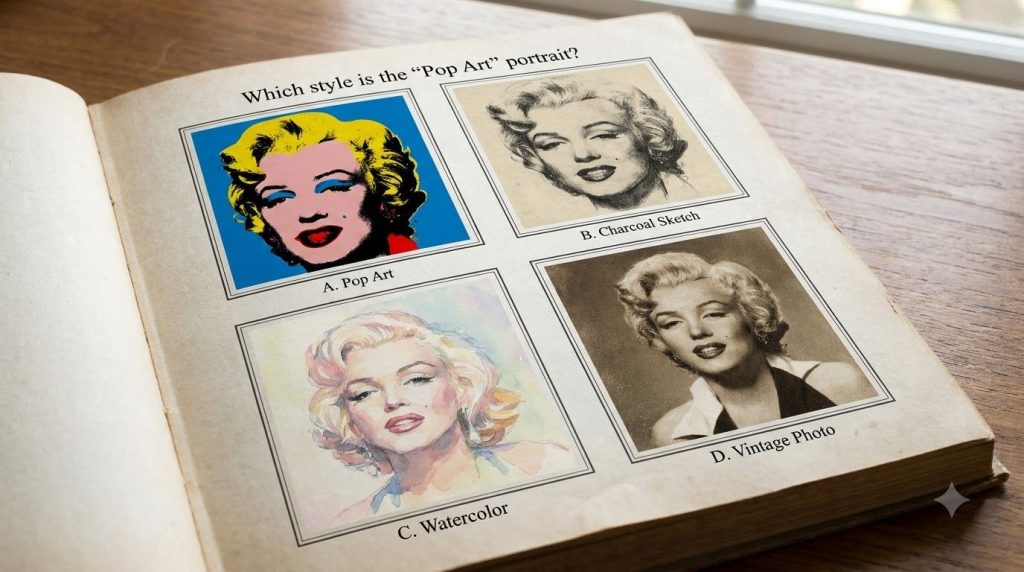 A multiple-choice quiz image showing four stylized artistic portraits of Marilyn Monroe challenging viewers to identify 