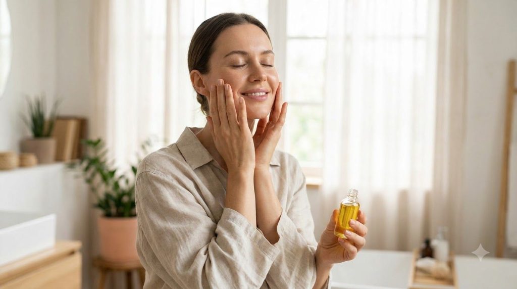 A woman gently massaging a few drops of the homemade infused oil onto her clean face with a soft glowing complexion