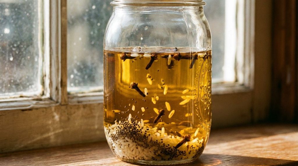 A close-up shot of a glass jar filled with almond oil rice chia seeds and cloves infusing with soft light filtering in f