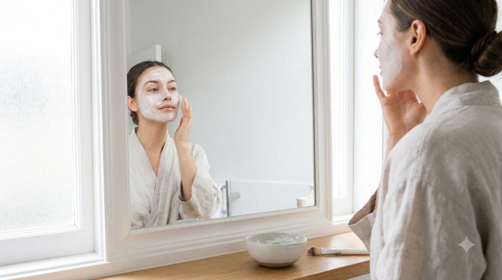 A woman gently applying a white paste mask to her face in a bathroom mirror