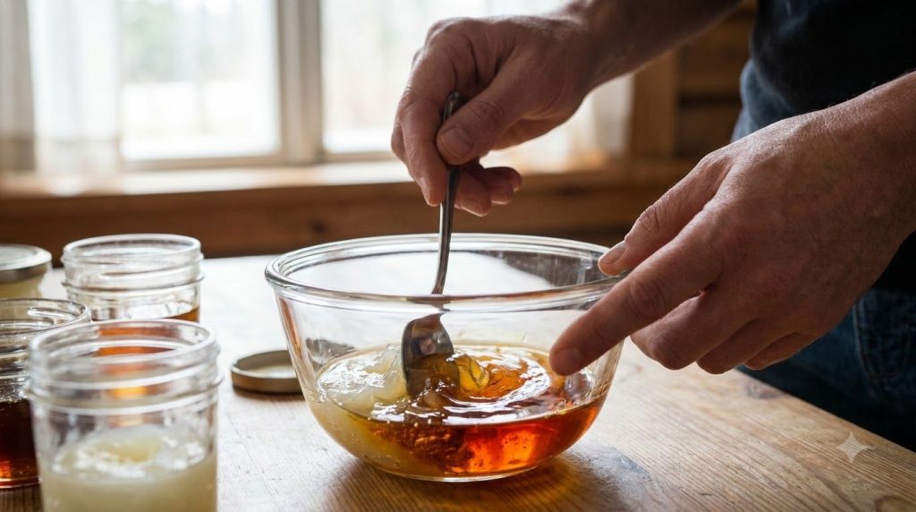 Hands mixing the Vaseline vitamin E oil and rosehip oil in a small glass bowl with a spoon to create the balm