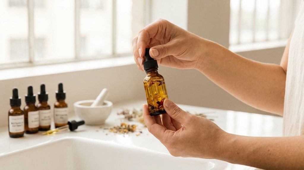 A person s hands gently mixing the ingredients for the facial oil in a small glass dropper bottle with various oil bottl